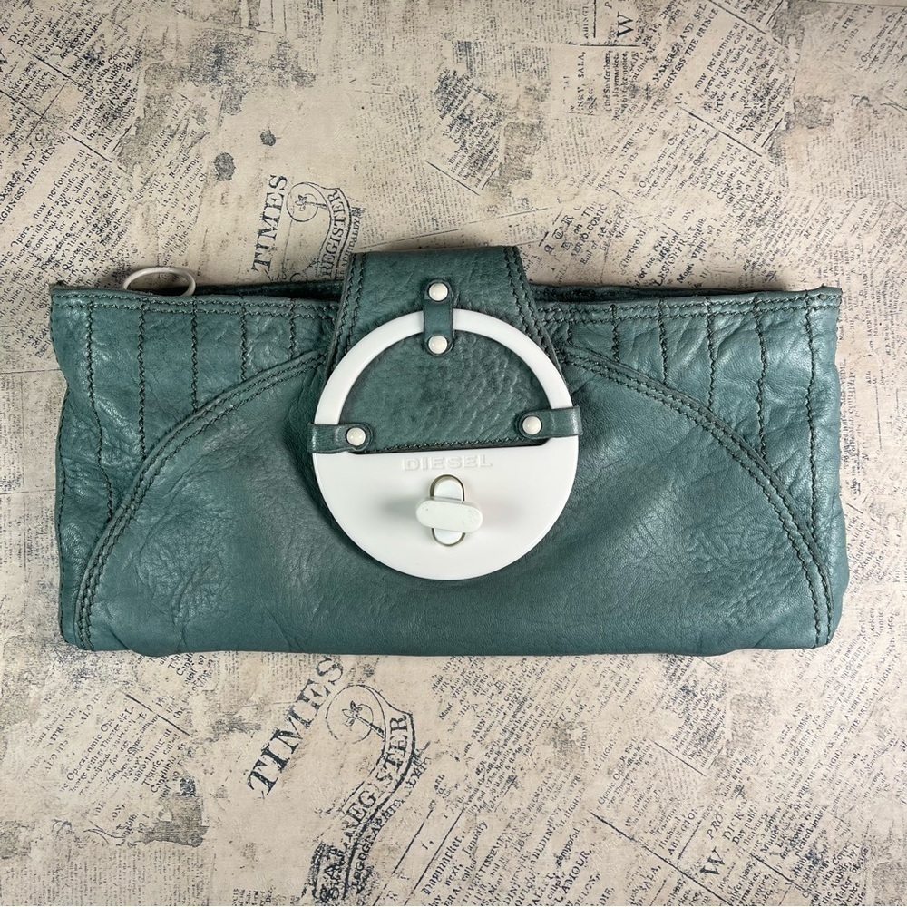 Diesel Vintage Green Leather Clutch Bag Y2K White Hardware Purse